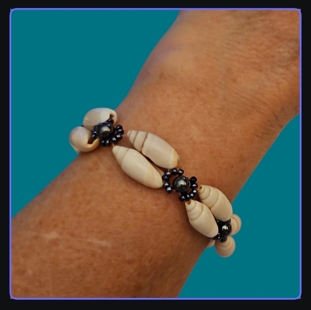 3/$30 Puka Seashell Hematite Woven Beaded Festival Beach Torsade Bracelet